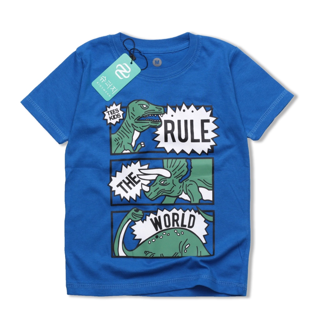 RGKIDS Kaos oblong anak laki laki Baju distro anak cowok Pakaian anak lengan pedek motif Dinosauruys Tyrex Little Monster Denim