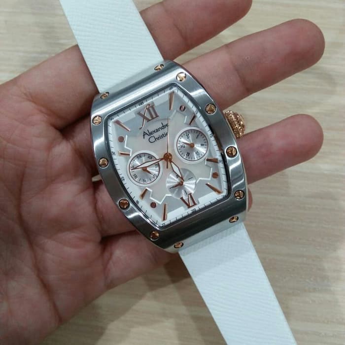 JUAL JAM TANGAN WANITA ASLI   ALEXANDRE CHRISTIE AC 2780 WANITA SILVER WHITE LEATHER WHITE ORIGINAL