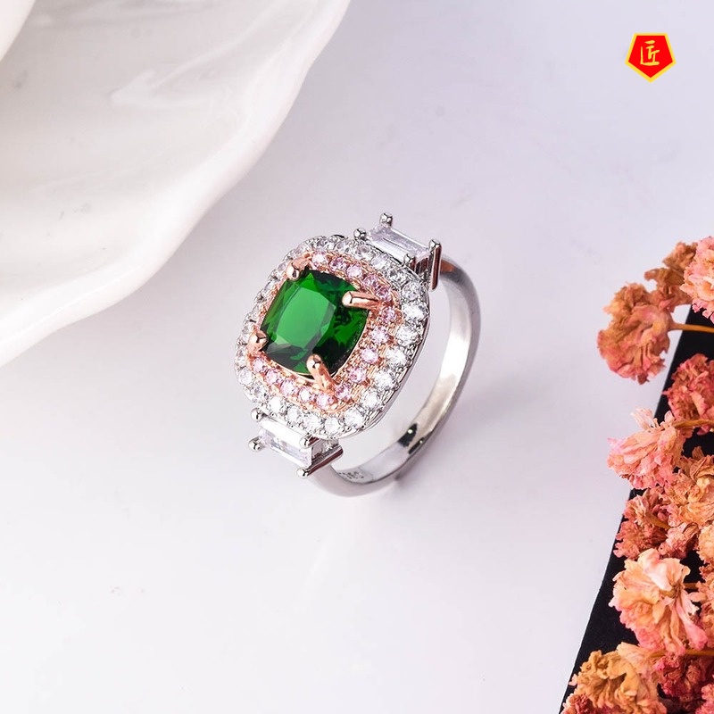 [Ready Stock]INS Style Two-Tone Inlaid Emerald Square Diamond Ring