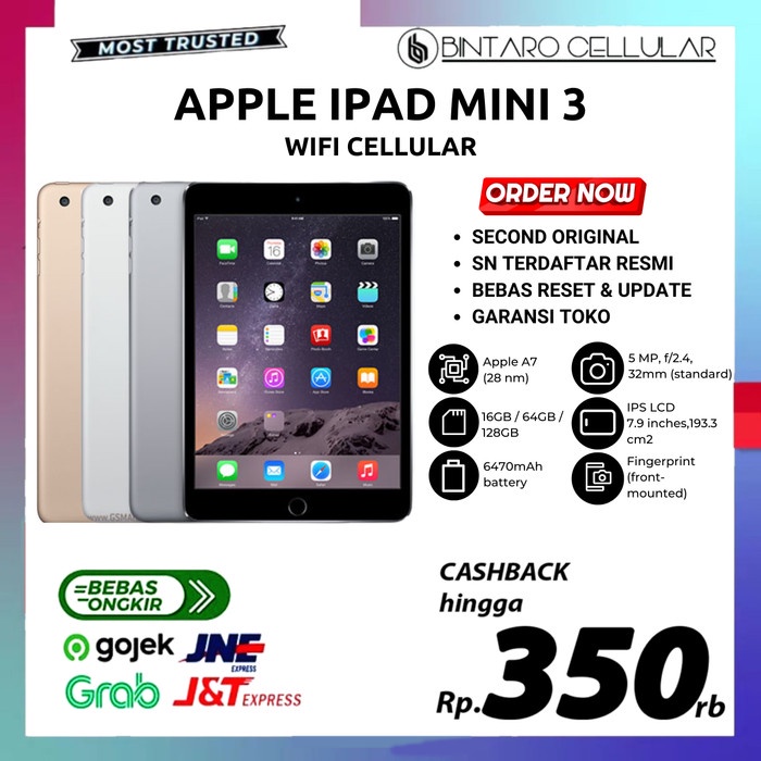 BEKAS IPDD MINI 3 128GB 64GB 32GB 16GB WIFI CELLULAR SECOND ORIGINAL | Pernah dipakai