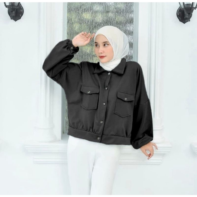 OLIN BUTTON  POCKET / LONG SLEEVE JAKET Kancing FLEECE ONLY-Black