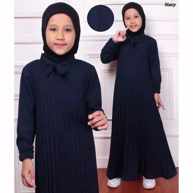 Gamis Plisket Dasi leher Pita Anak Perempuan Usia 4-11 Tahun / Gamis Plisket Anak Anak / Baju Muslim