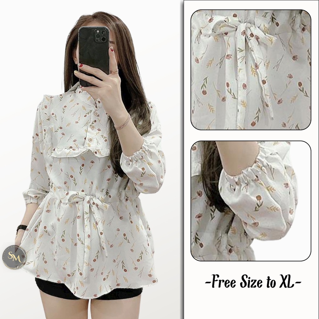 Blouse Wanita Korean Style Lengan Panjang Motif Bunga Floral