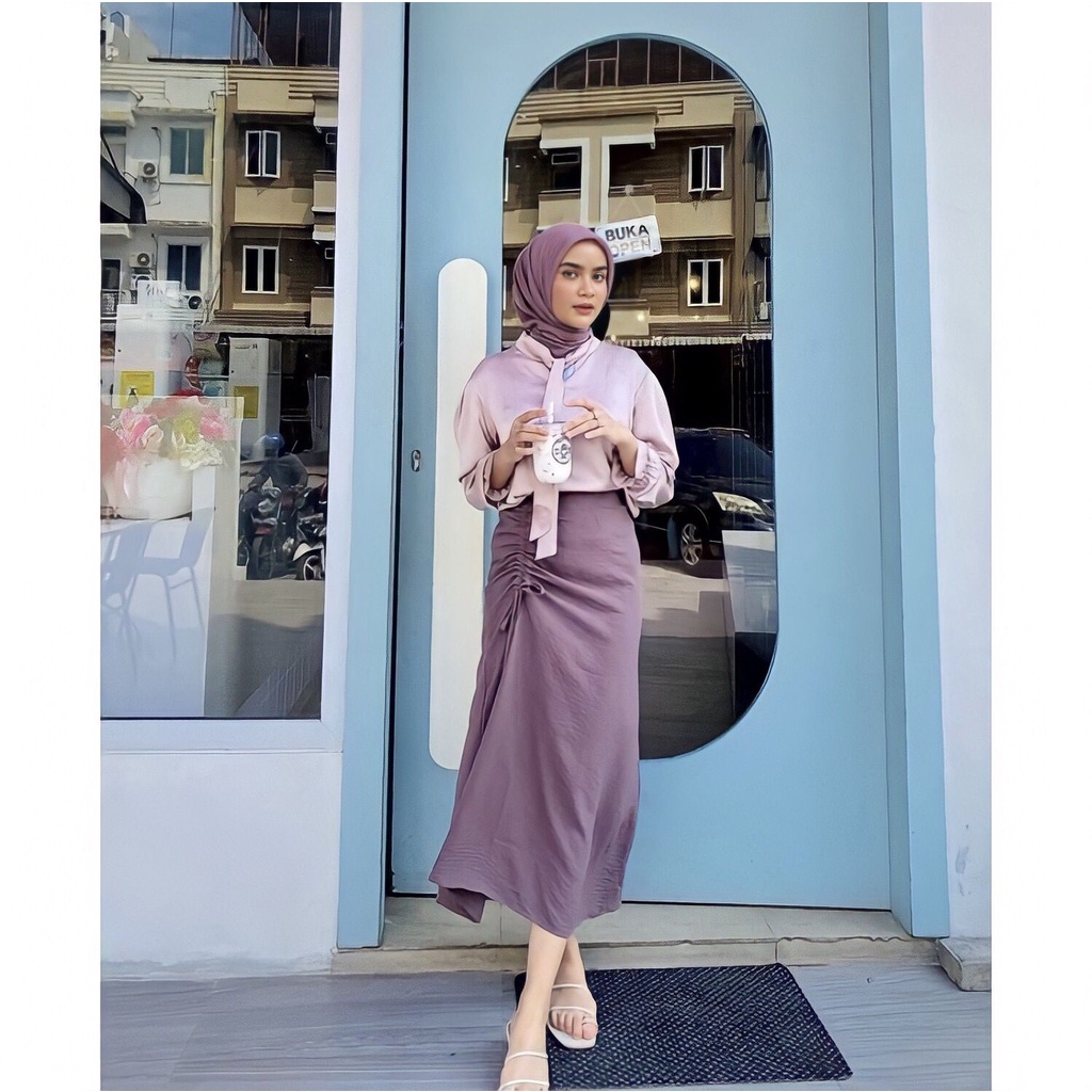 Tamara Skirt - Rok Serut Casual Korean Look -  Midi Maxy  Skirt - Rok Wanita Korean Terbaru - Rok Crinkle-Mauve
