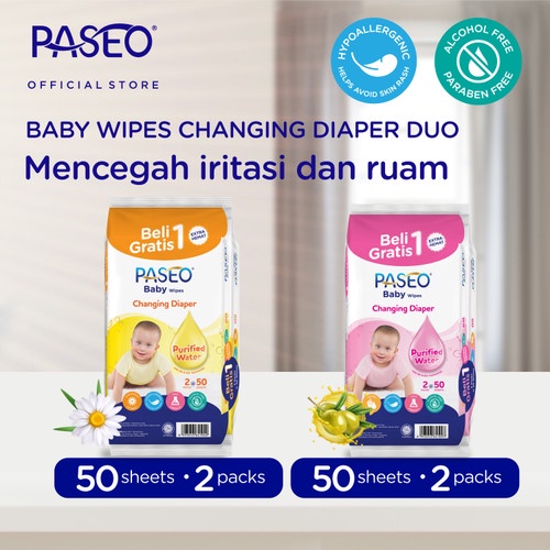 PASEO TISU BASAH BABY CHANGING DIAPER BUY 1 GET 1 (2 PACKSx50 SHEETS)