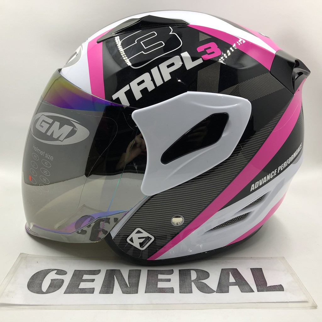 Helm GM Fighter Motif Triple White Pink Putih Pink Half Face