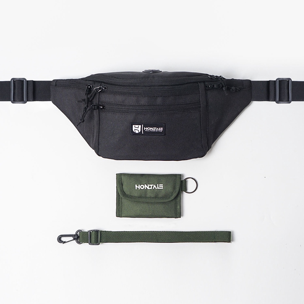 HONTALE | Bundling Tas Waistbag Muzzle Black + Flast Hanging Wallet Green