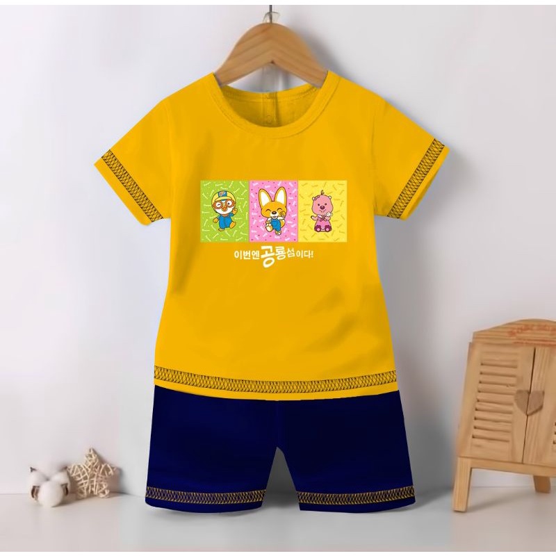 ( COD ) SETELAN BAJU ANAK COWO DAN CEWE MOTIF PORORO / SETELAN KAOS ANAK COWO DAN CEWE GAMBAR PINGUIN PORORO / SETELAN KAOS PORORO-Kuning