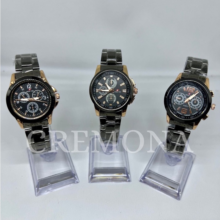 BISA COD! Jam Tangan Swiss Time Casing Kecil Kombinasi Tali Rantai Hitam Termurah Mewah Berkualitas Elegan BONUS BATERAI CADANGAN!