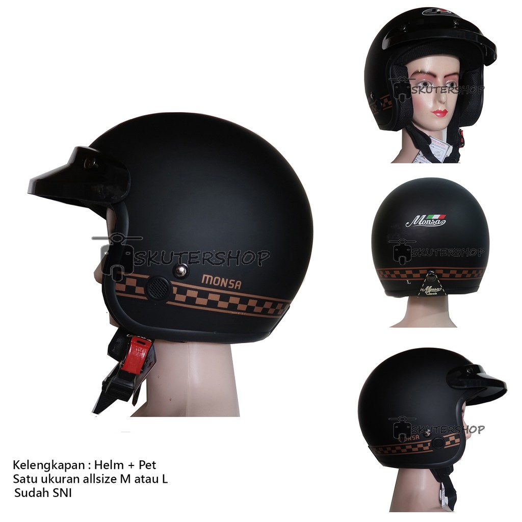 Helm Bogo Retro Klasik JPN jadul Jap Style Monsa 01 Medium 03 Hitam Doff Motif Gold + Pet