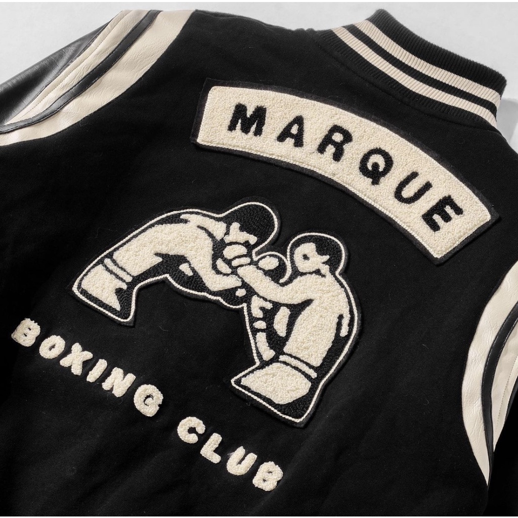 MARQUE.CO BOXING CLUB VARSITY JACKET, dengan Material Terbaik, Bordir Handuk Towel Embroidery, Leather, Warna Hitam, Untuk Pria &amp; Wanita