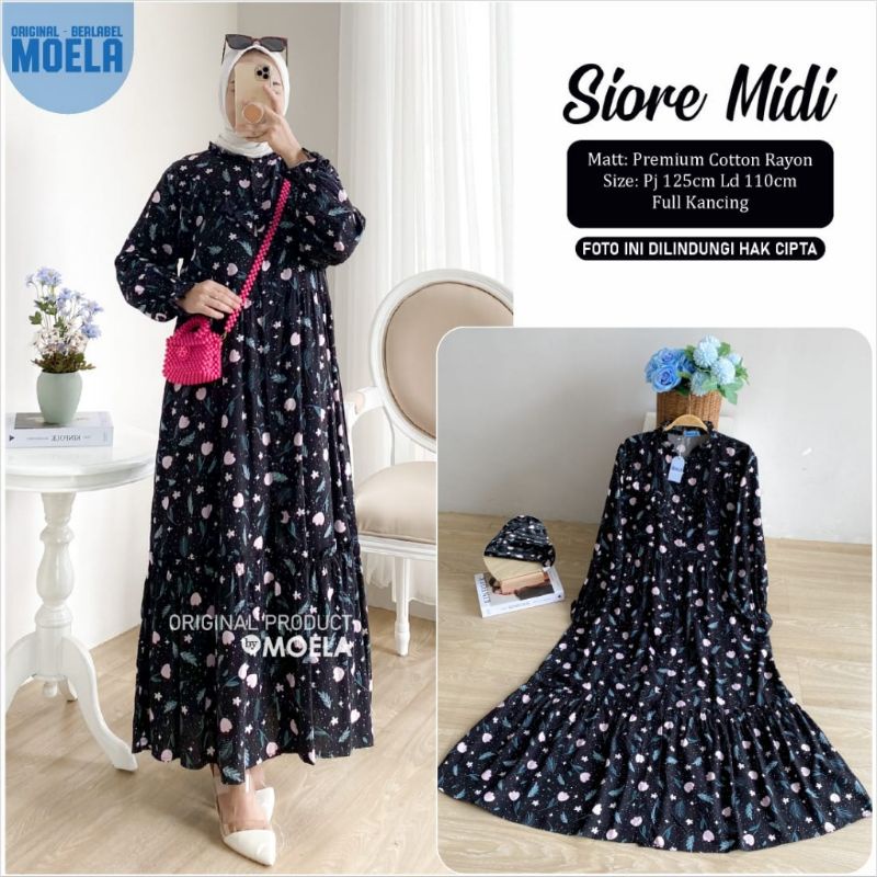 Siore midi dress by Moela l Midi basic hitam bunga-bunga