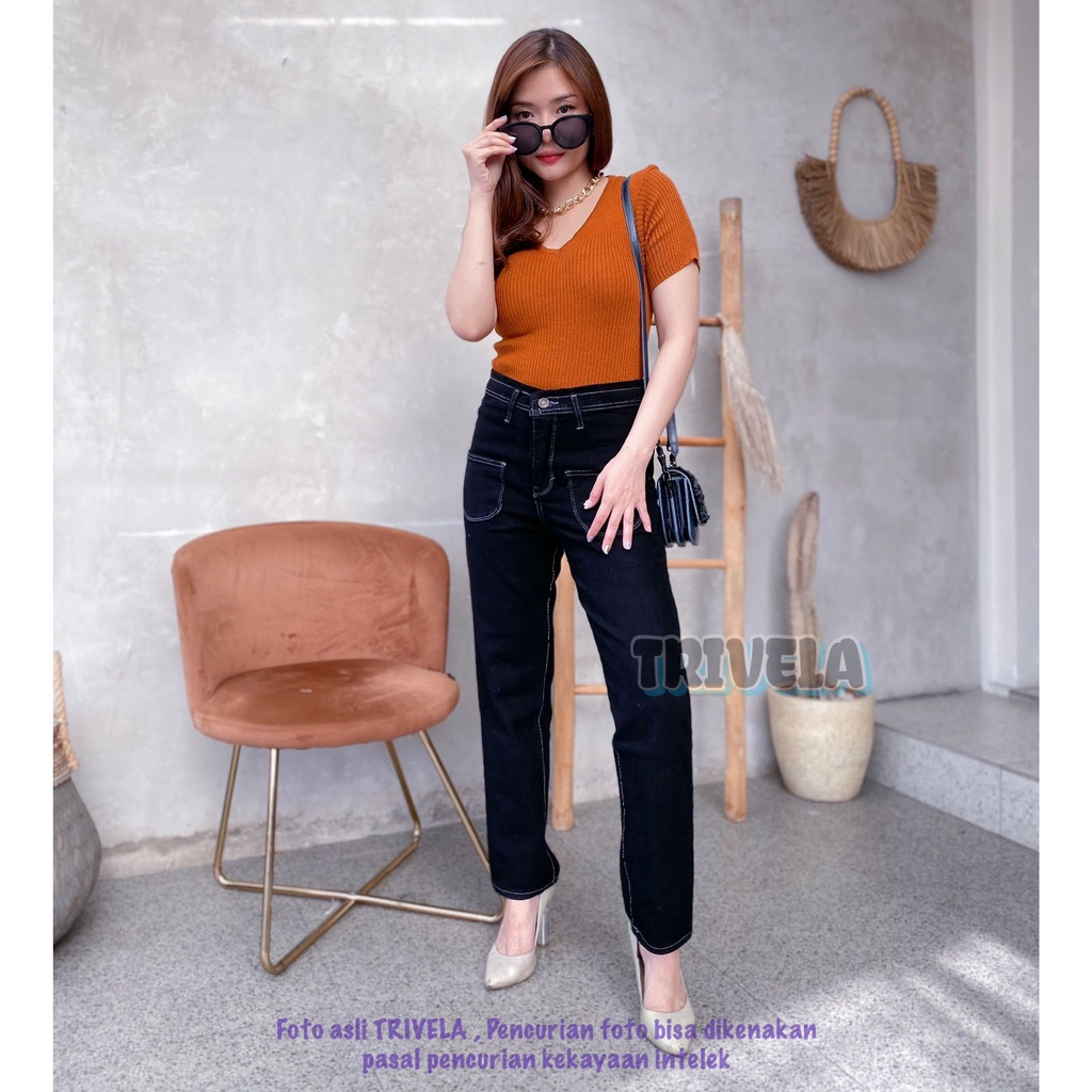 TRIVELA - Berry Pocket Boyfie Hitam 27-34 / Boyfriend Jeans Wanita / Boyfriend Hitam