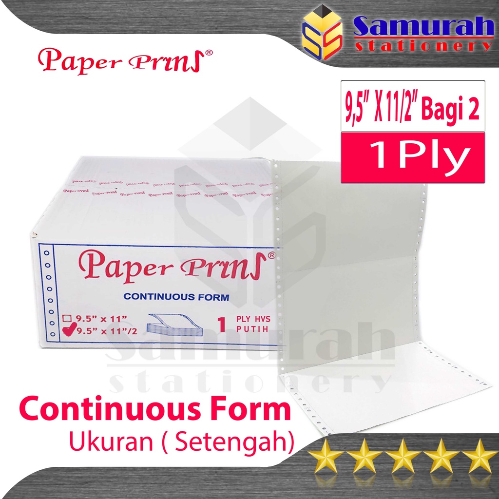 

HJK Kertas Continuous Form Paper Prins 9,5 x 11" ( Full ) Atau 9,5 x 11/2 " ( Bagi 2 ) K1 Ply HVS /