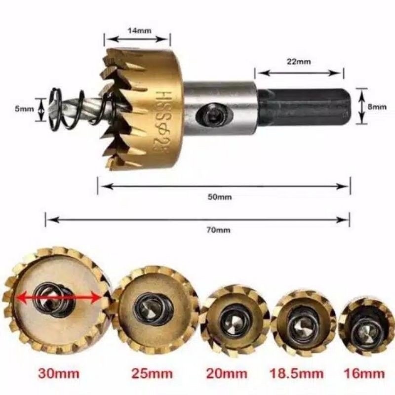 Mata Bor Premium Melubangi Besi Kayu Kuningan HSS Steel 5Pcs 16-30mm