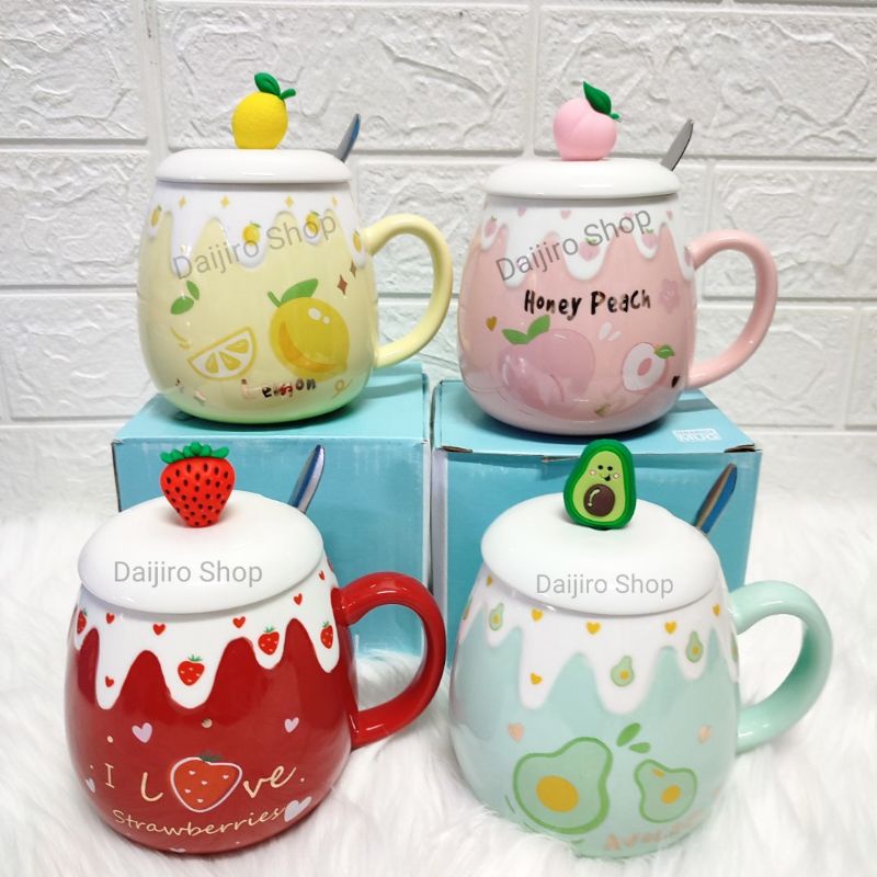 Jual Gelas Keramik Strawberry Ceramic Mug Stroberi Avocado Lemon Peach Mug Set Lucu Sendok Buah 6851