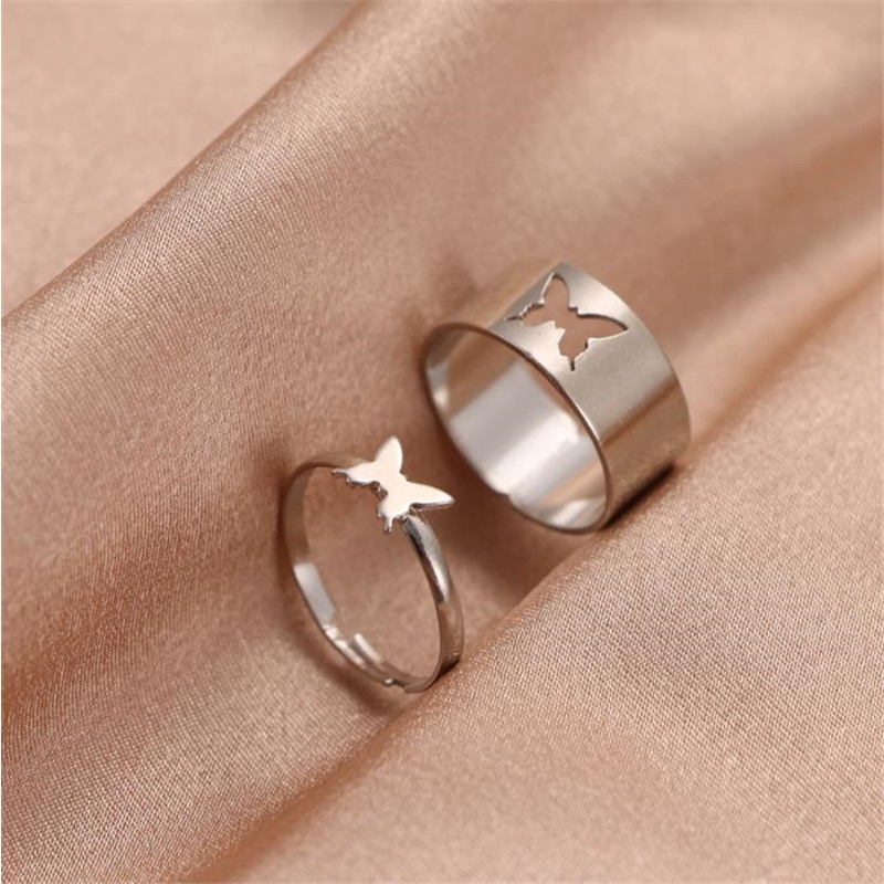 [ACKER] 2Pcs/Set Mode Kupu-kupu Cincin Set Pasangan Korea Cincin Hollow Jari Cincin Wanita Perhiasan Aksesoris Hadiah