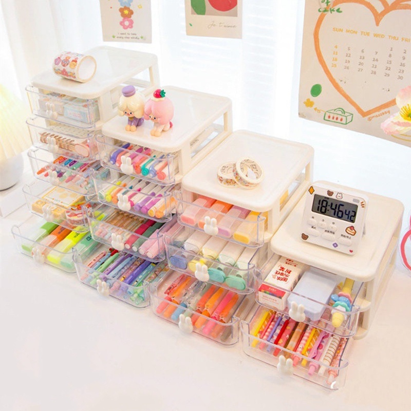 1 Pc Kotak Penyimpanan Alat Tulis Kosmetik Multi Layer Bahan Plastik Tahan Debu Kapasitas Besar Untuk Meja Kantor