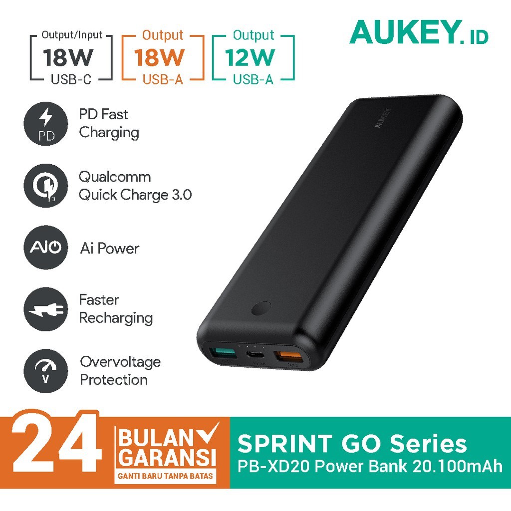 AUKEY PB-XD20 - 20100mAh 3-USB Output Powerbank USB-C PD and QC 3.0 - Powerbank 20100mAh dari AUKEY