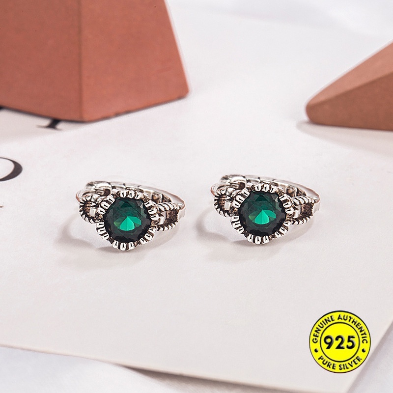 Anting Klip Retro Warna Silver Zaitun Hias Kristal Hijau Untuk Wanita