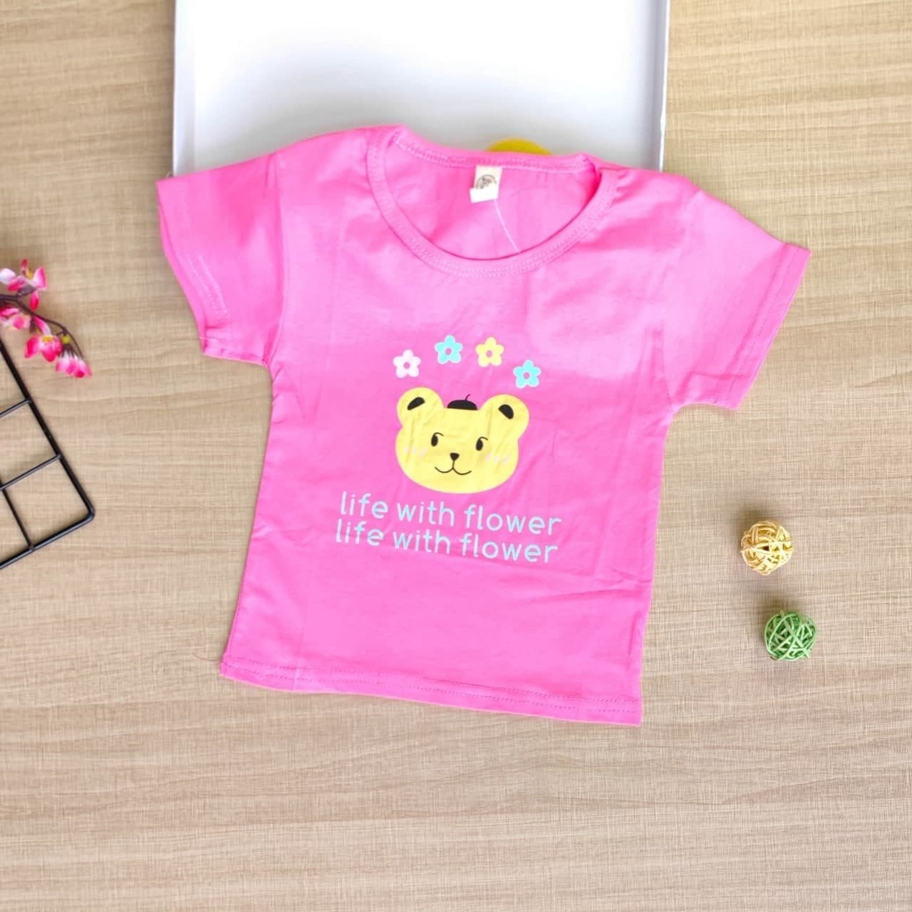 Promo !! Atasan kaos anak import / Kaos anak perempuan lucu / Kaos lembut untuk anak / Atasan life with flower ukuran 6 bulan  - 2 tahun