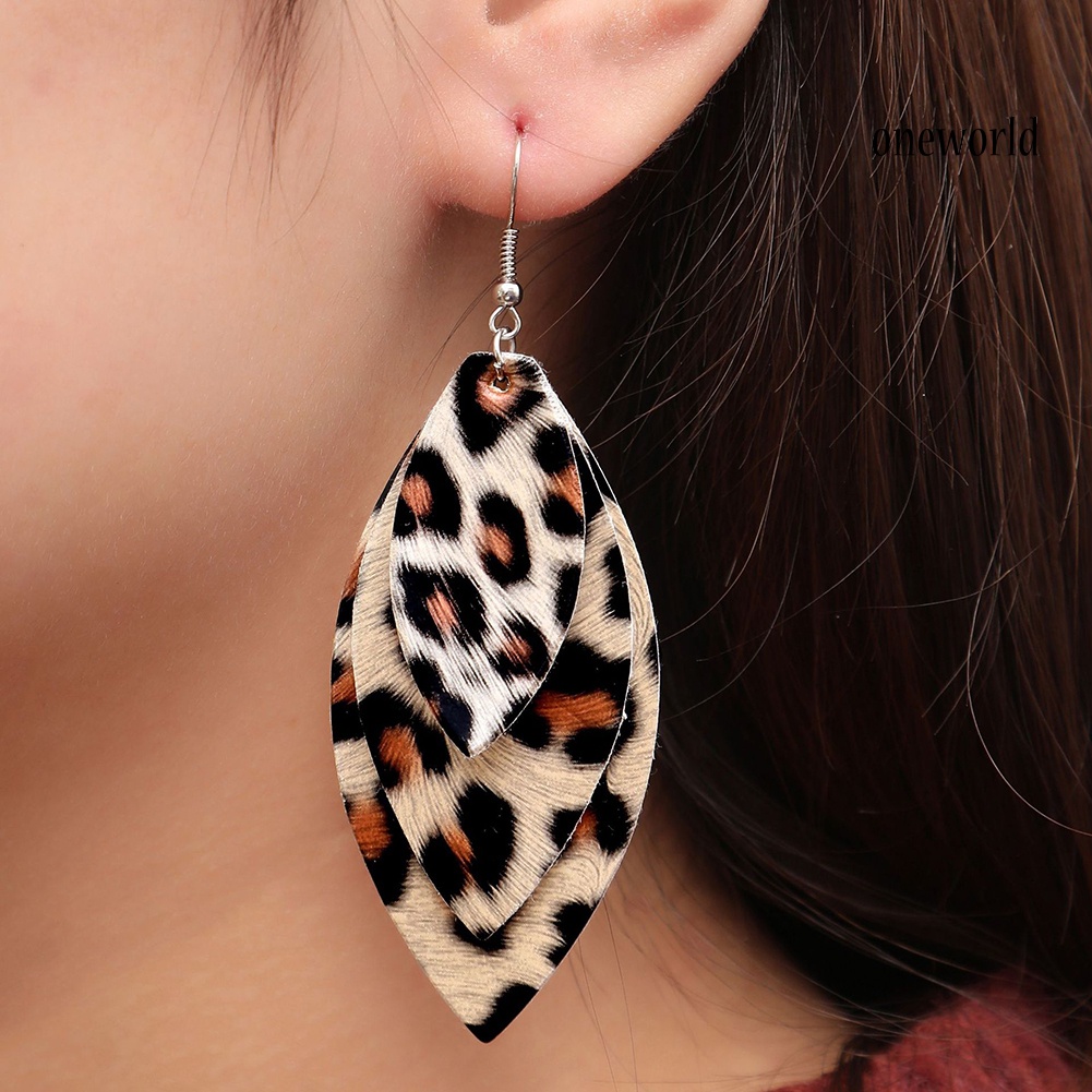 OW@ Women Leopard Triple Layer Leaf Shape Faux Leather Long Dangle Hook Earrings