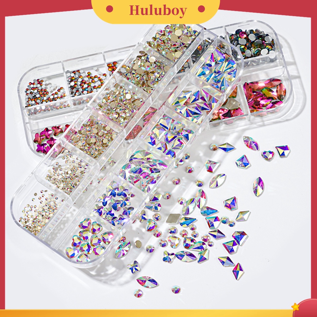 Huluboy Huluboy♡ 12 Grids / Box Berlian Imitasi Glitter Warna-Warni Untuk Dekorasi Nail Art