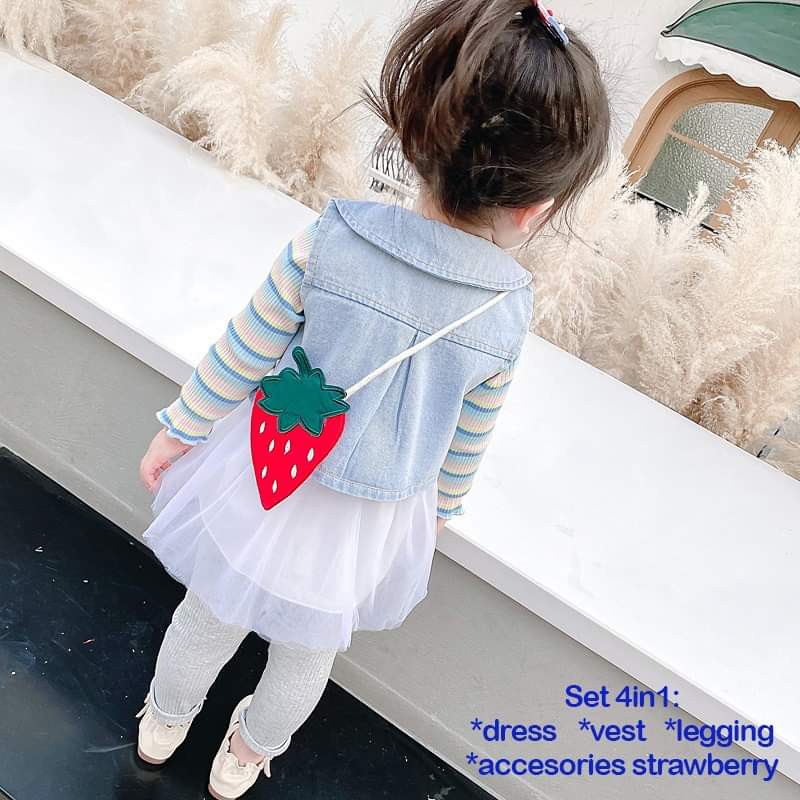 Dress Baby Perempuan Premium Dengan Vest Strawberry Rainbow Tutu