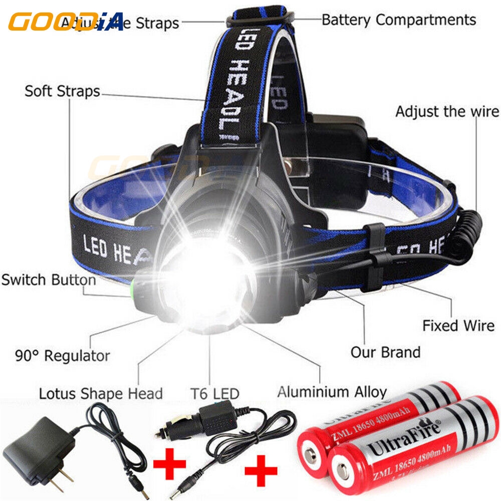 ✪〖Outdoors Flash/COD〗✪  T6 Zoom 90000LM Headlamp LED Headlight Flashlight Torch 18650 Battery &amp; charger