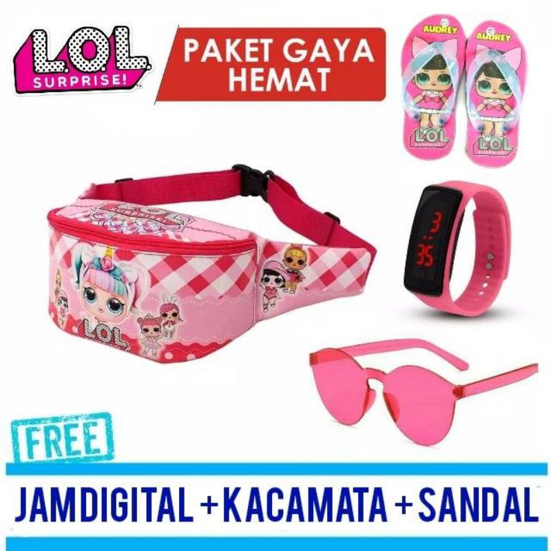 paket hemat perlengkapan anak perempuan /WAISTBAG  jam sendal kacamata