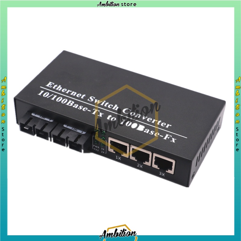 Switch Konverter Fiber Optik Single Mode 3 RJ45 dan 2 SC Port 10 / 100M