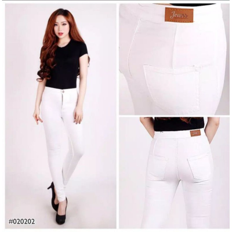 CELANA JEANS PUTIH JUMBO HIGHWAIST WANITA BIG SIZE 27-38