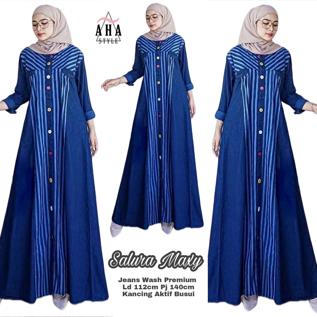 Baju Gamis Kondangan Jeans Denim Wanita Terbaru 2022 Dress Muslim Busui Kekinian Salura Maxy Allsize