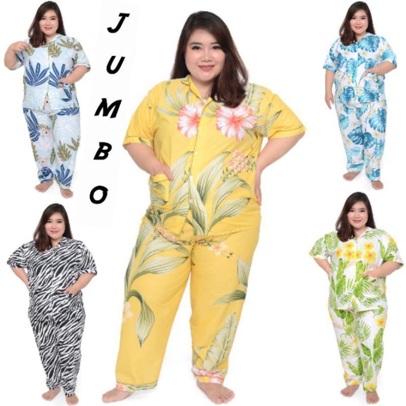pajamas jumbo wanita celana panjang stelan baju tidur piyama lengan pendek big size ld 130 140 150
