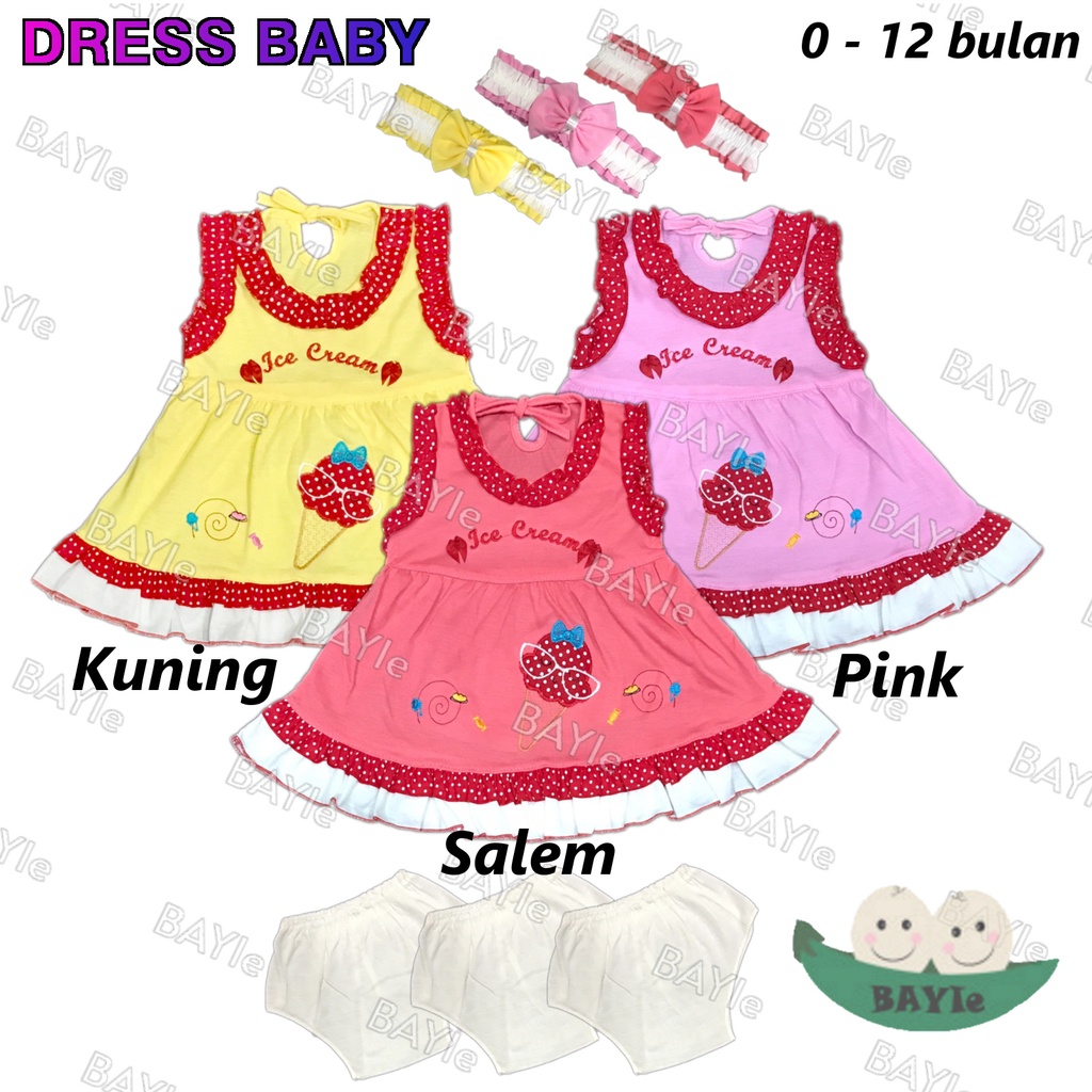 BAYIe - Baju Dress bayi/Anak Perempuan + BANDO motif ICE CREAM PLANET KIDS usia 0 -12 bulan / Pakaian anak Cewek