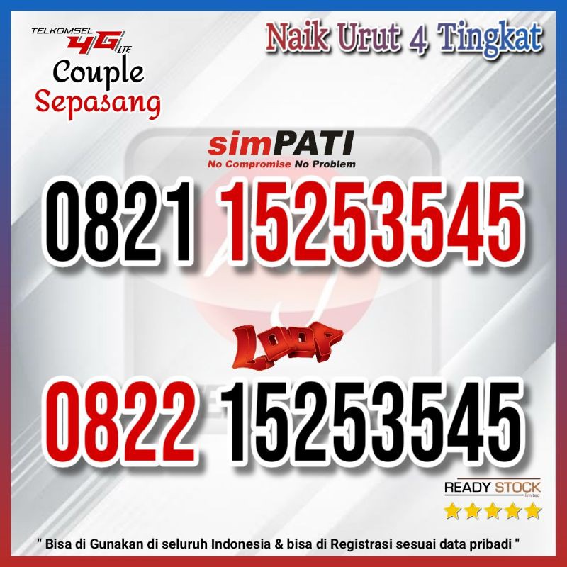 Nomor Cantik simpati Loop couple 15253545 Telkomsel sepasang 12345