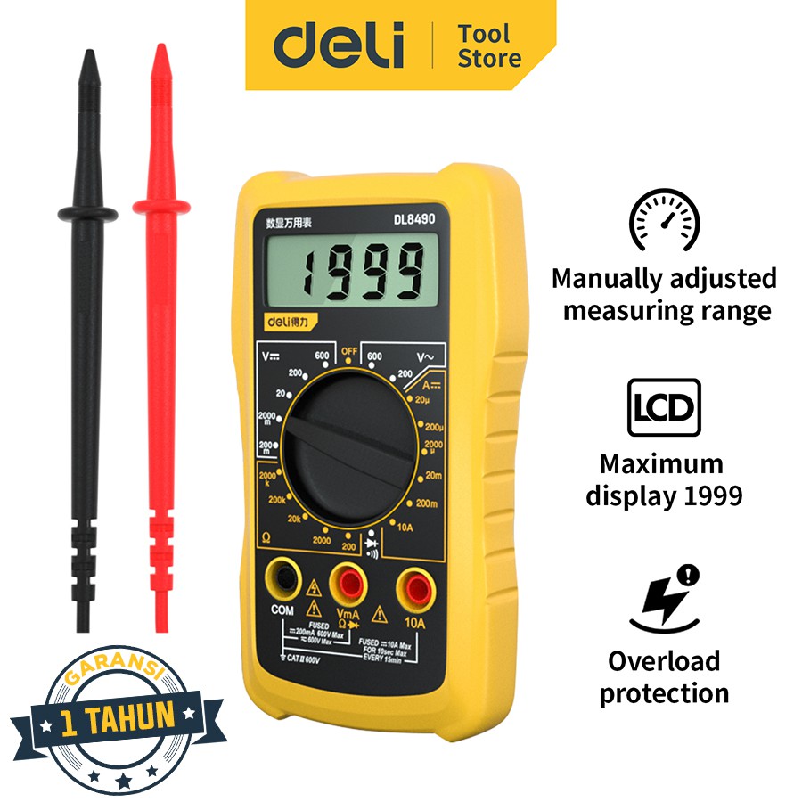 Deli Multimeter/Alat Ukur Arus Listrik Digital 600V AC DC Diode