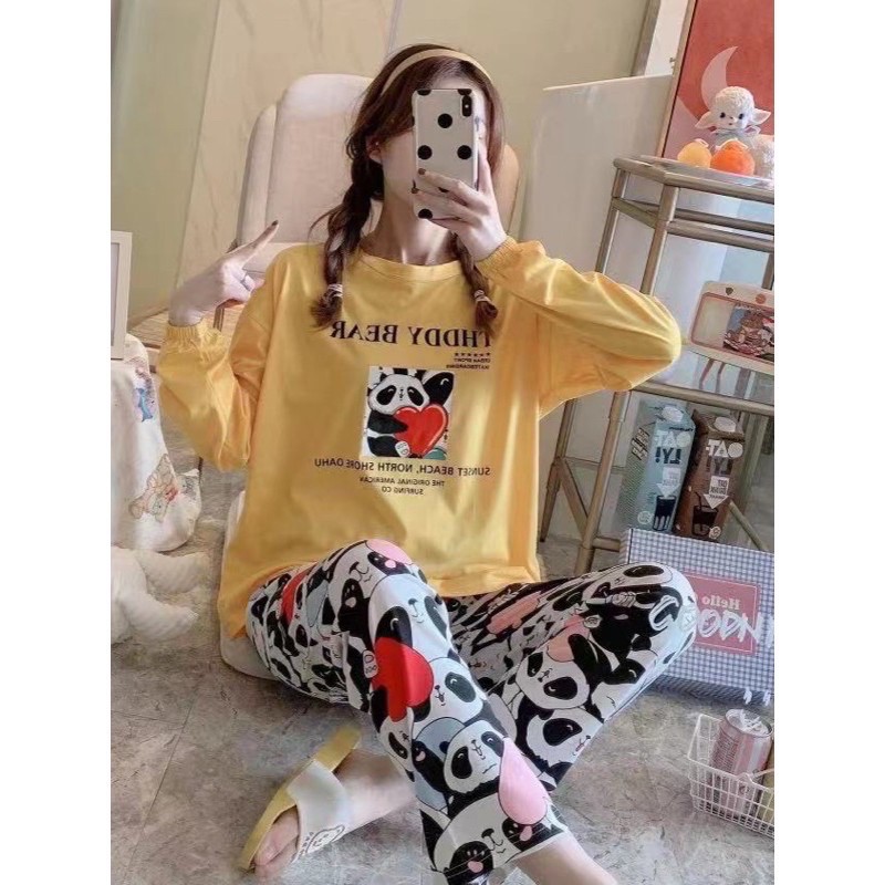 JC- Stelan Import Oversize Premium PP / Stelan piyama import Panjang  / piyama Korea Bigsize Import-Panda Yellow PP