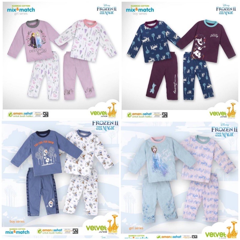 Piyama Stelan MIx And Match Katun Bambu Velvet Junior seri FROZEN size 2-8th