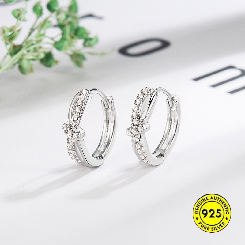 Anting Tusuk Gantung Sterling Silver Desain Simpul Silang Hias Berlian Imitasi Gaya Simple Untuk Wanita