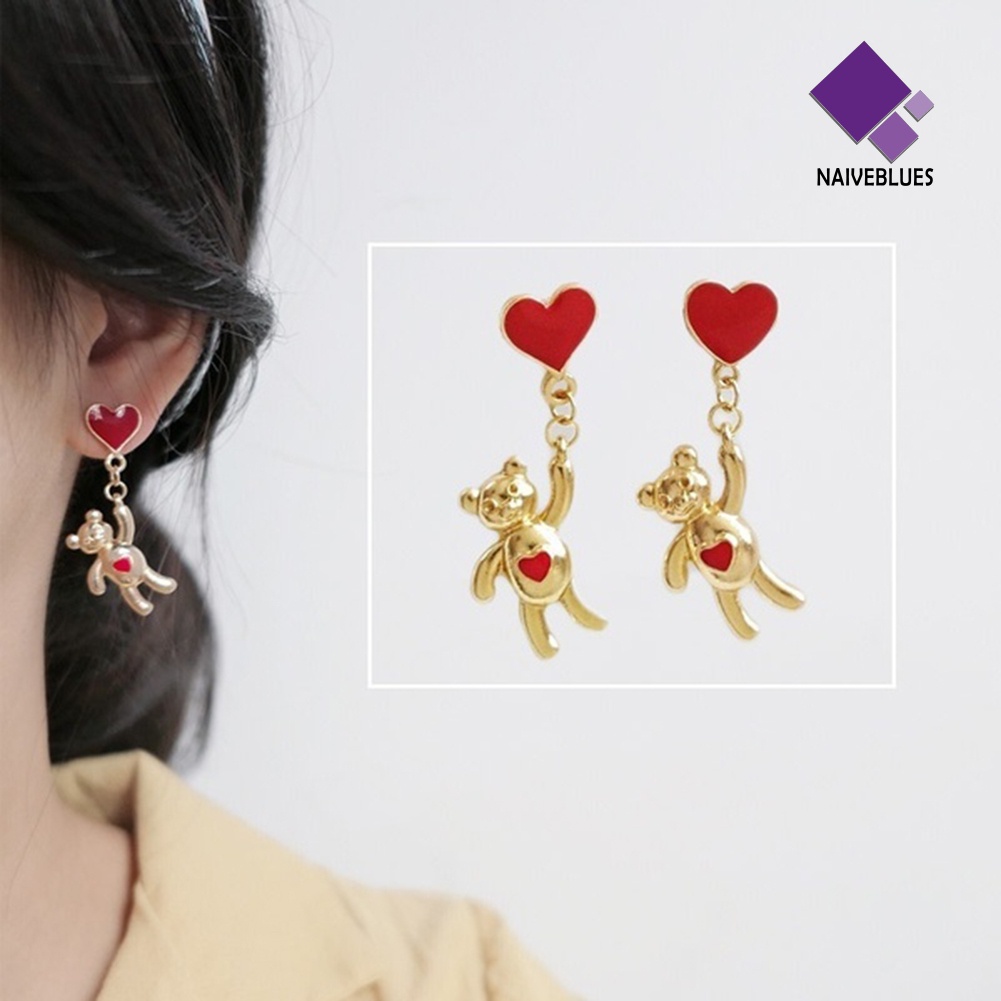 Anting Stud Menjuntai Bentuk Hati Beruang Asimetris Untuk Wanita