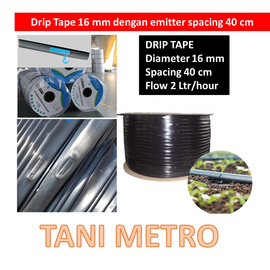 Selang Drip Tape 16 mm, Emitter spacing 40 cm. Drip irrigation.