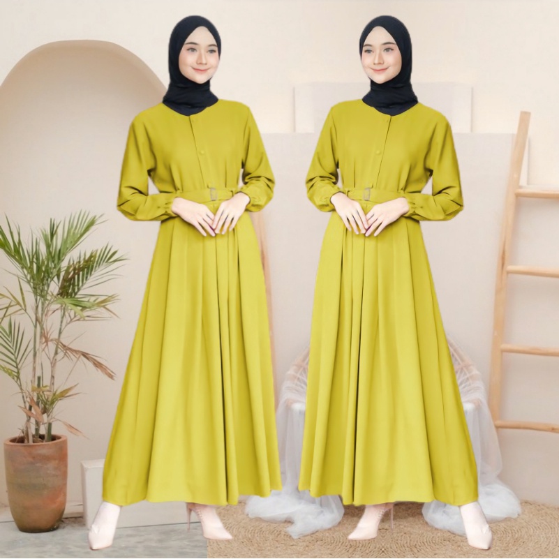 Baju Gamis Polos Premium /Gamis Hitam Remaja Wanita Murah All Size Terbaru-LEMON + BELT