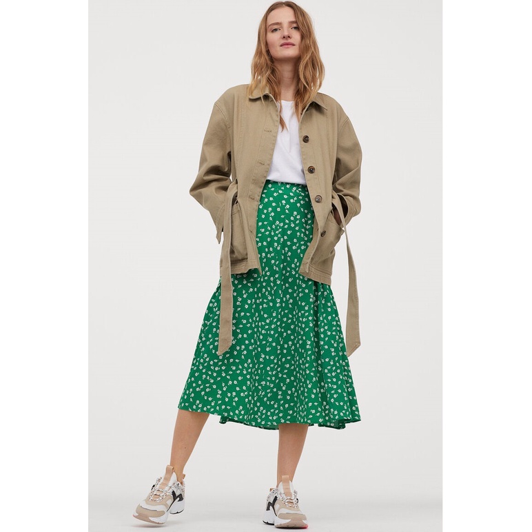 H&M High Waisted Rok Wanita Green Flower Korean Midi Skirt Original-2