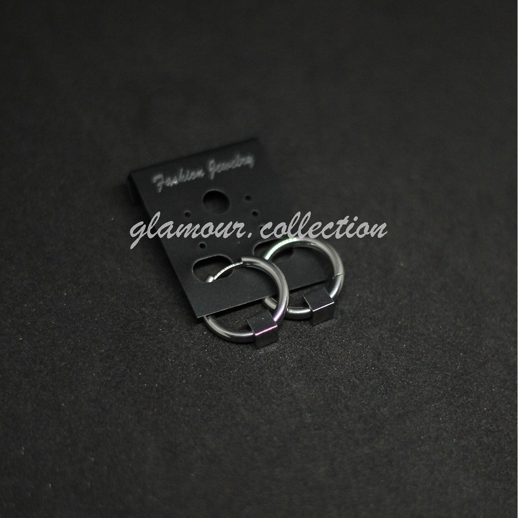 Anting Tindik Telinga Pria Titanium Model Bulat/Ring Bandul Kotak Ala Kpop Punk SILVER 14mm