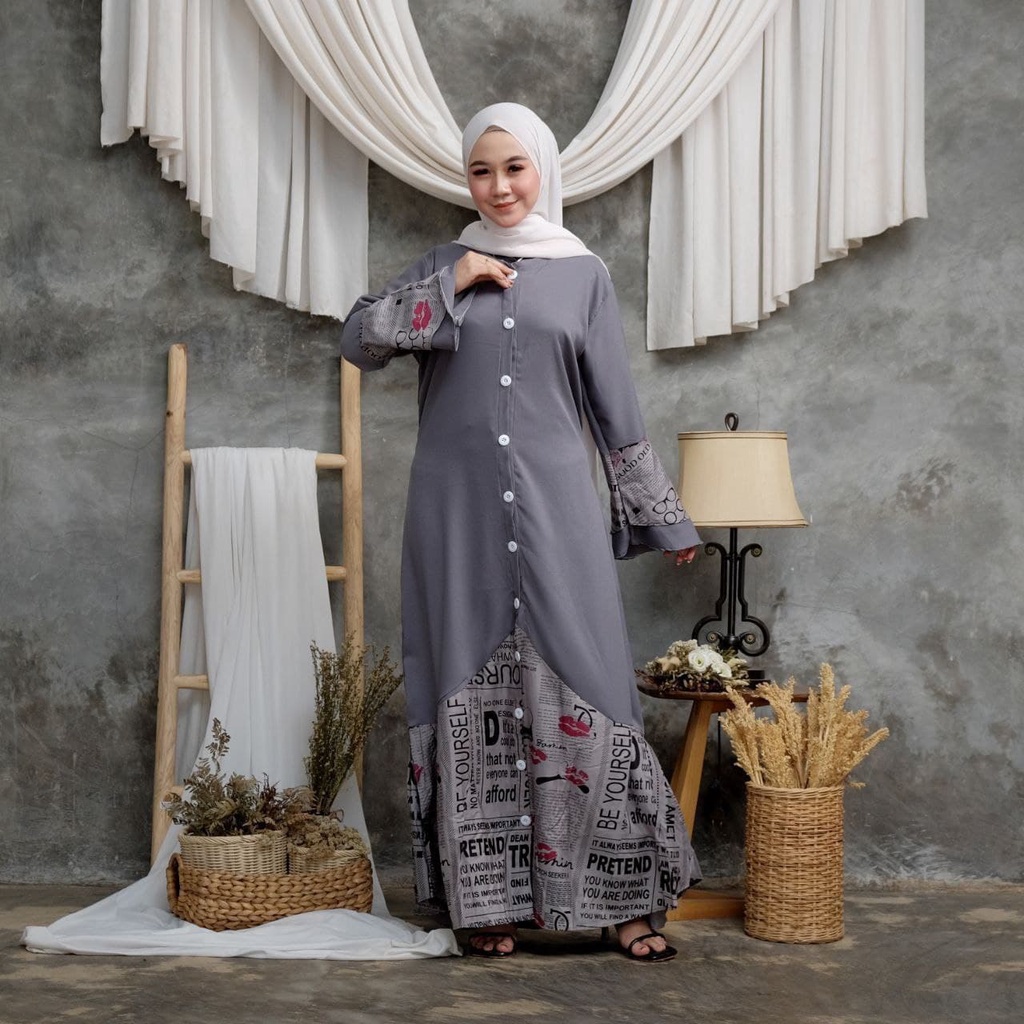 Gamis Koran Duyung - Gamis Terbaru Rayon Kombinasi Shakila Dress Wanita Lengan Terompet Susun Baju Wanita Kekinian