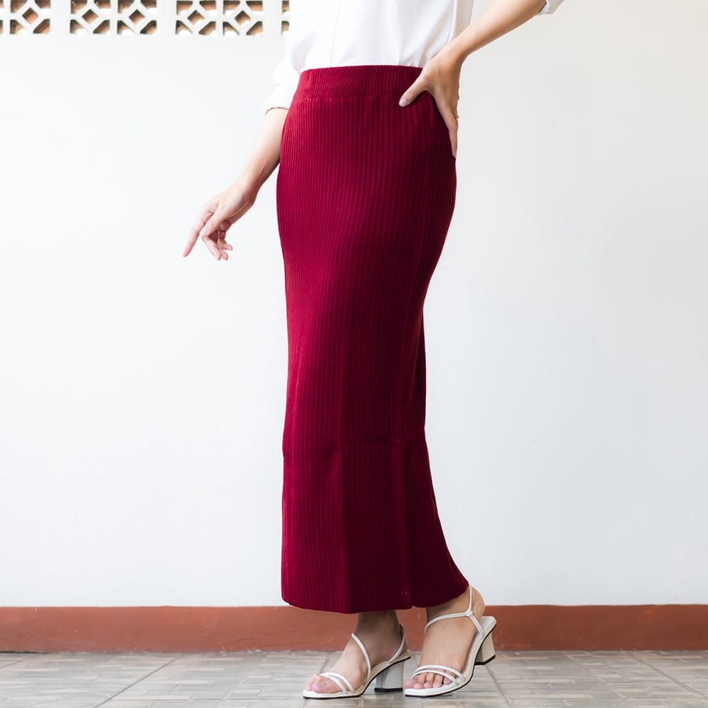 Ahlami- Kala Skirt Rok Rajut Premium Rok Span Knit Tebal Rok Rajut Span Rok Span Premium Rok Kerja Rok Formal Premium-MAROON (RAJUT)