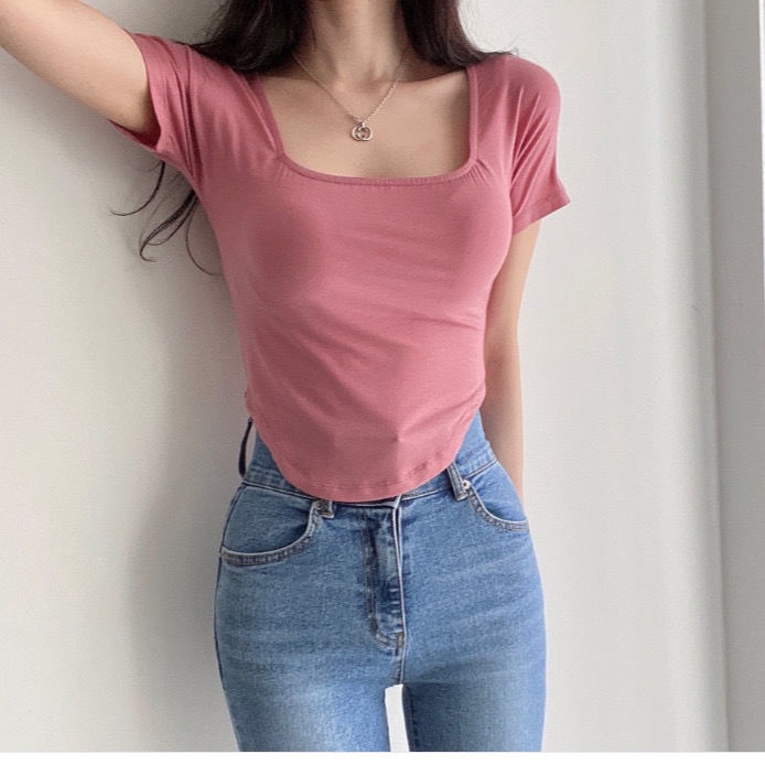 #Sisjuly# 21 pacar seksi pinggang tipis kerah persegi terkena tulang selangka pendek T-shirt stretch top