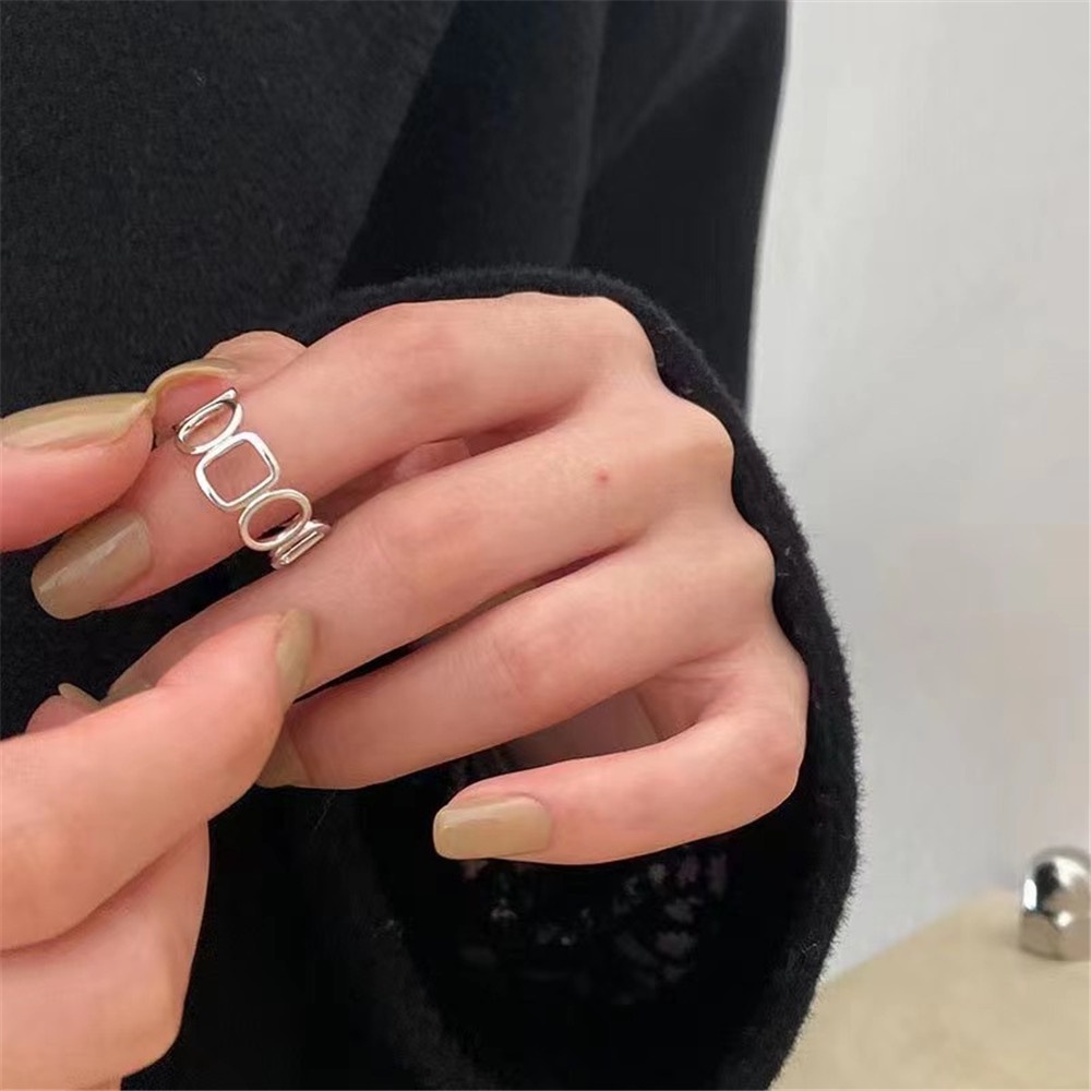 2pcs / Set Cincin Model Terbuka Desain Geometri Lapis Ganda Warna Silver Untuk Wanita