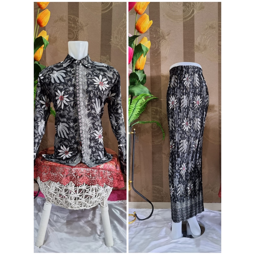 Kemeja Couple Batik Lengan Panjang dan Rok Plisket | Sale Kemeja Premium | Kemeja Semi Sutra | Couple Rpk Plisket dan Kemeja HEM Batik dan Rok Plisket Batik Maxi JUMBO